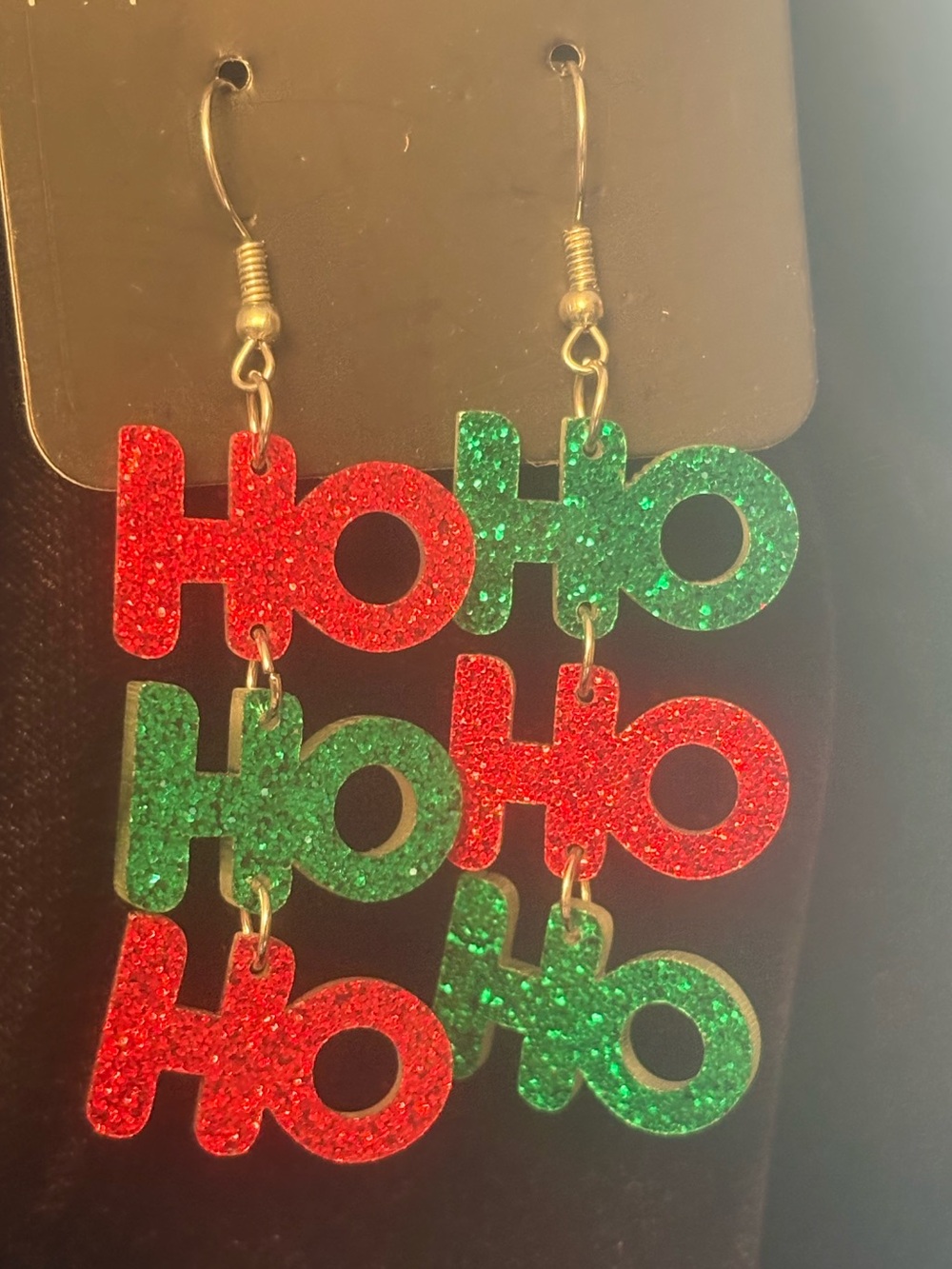 Holiday 'HO HO' Glitter Dangle Earrings - Red & Green